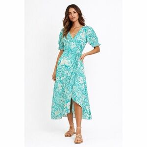 NWT Umgee Boho Floral Puff Sleeve Midi Wrap Dress